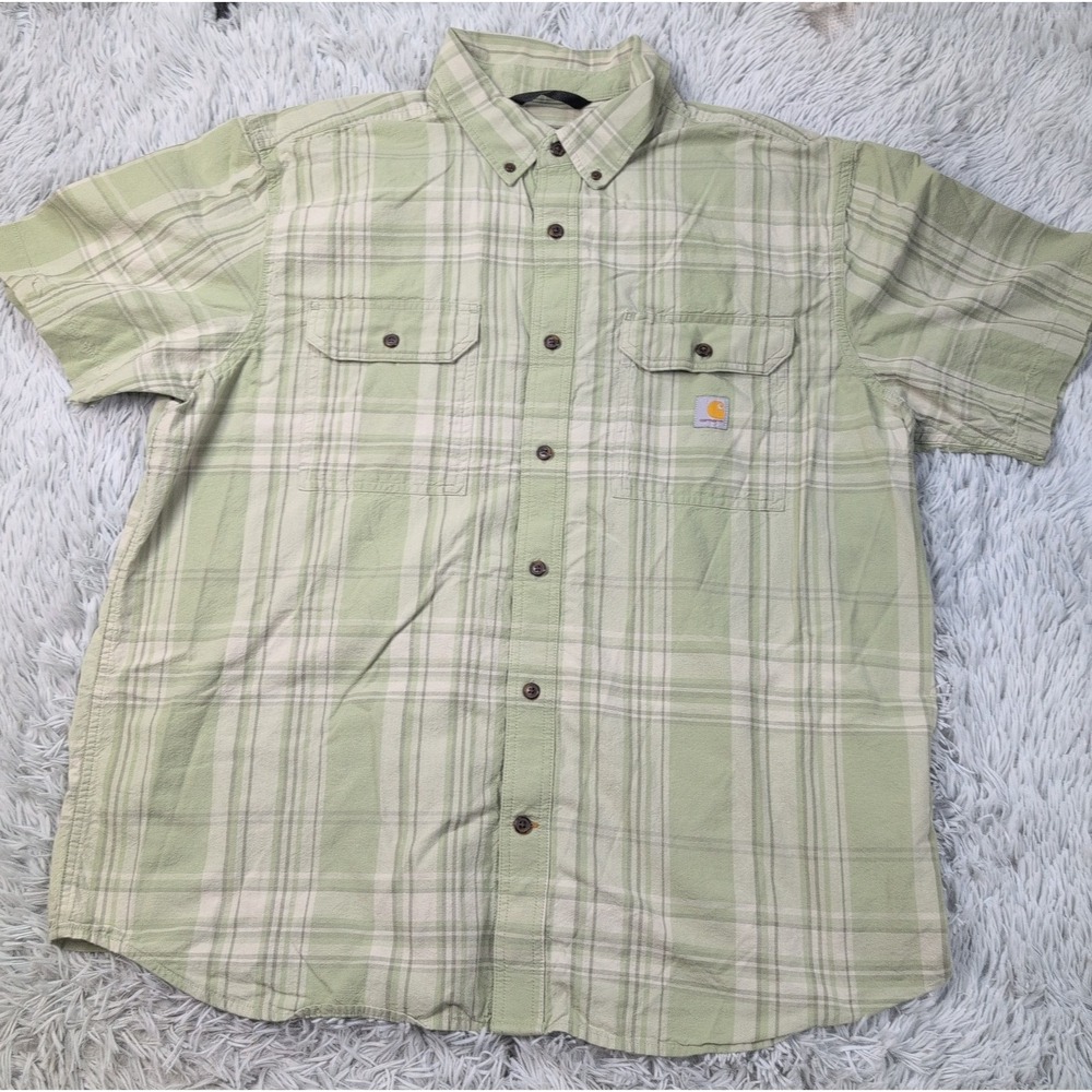 Carhartt Shirt Mens Green Plaid XL Button Up Pockets Work Wear Chore Loose Fit